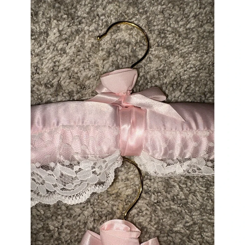 Set of Two Pink Satin and Lace Clothes Hangers Grandma Core Bridal Rosebud